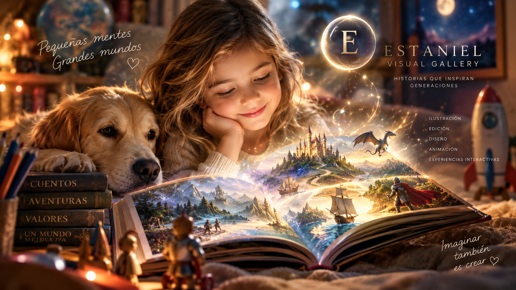 Niña con su perro contemplando un libro fantástico iluminado