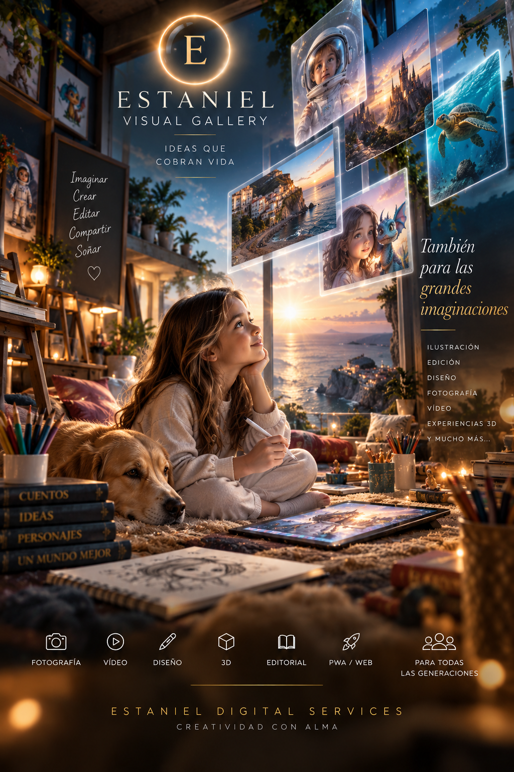 Niña creando historias digitales junto a su perro en un estudio luminoso