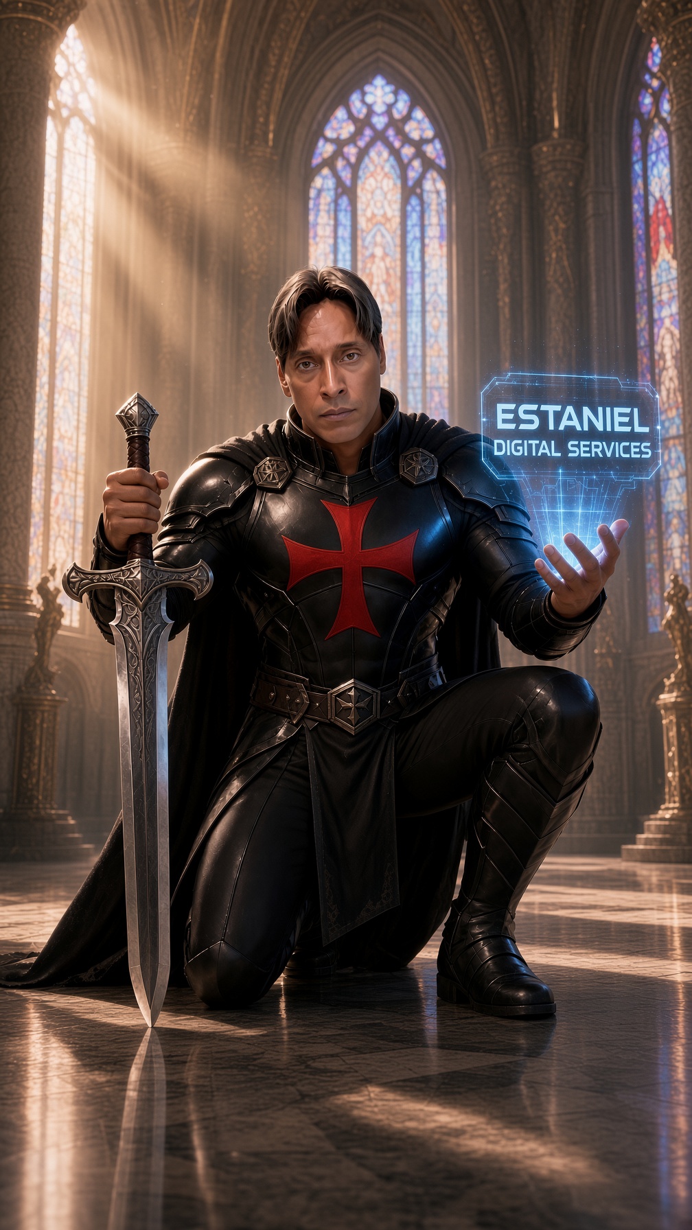Estaniel caracterizado como templario con proyección holográfica digital