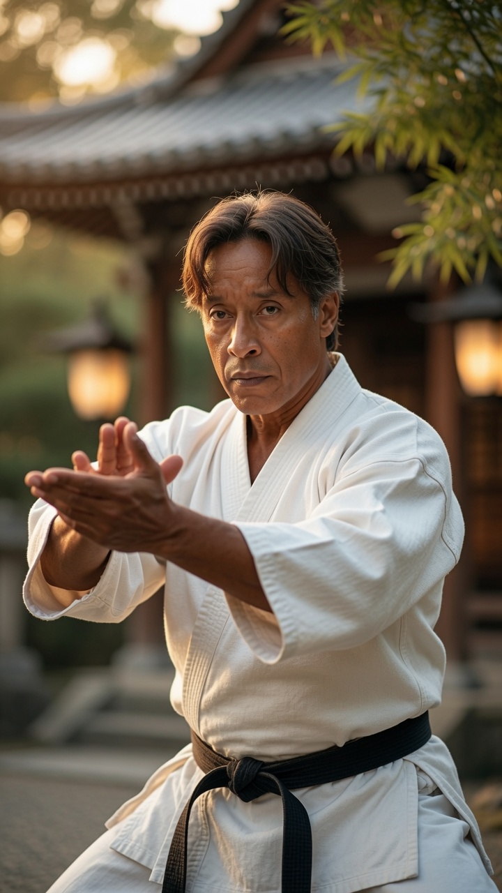 Estaniel practicando artes marciales en un entorno japonés